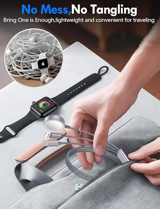 Travel Essentials for Apple Watch Charger,iPhone Charger,3 in 2 Multi Charging Cable,Type C/Magnetic Fast Charging Cable [Portable] for iWatch Series Ultra/11/10/9/SE,iPhone 17-11-6FT Gray