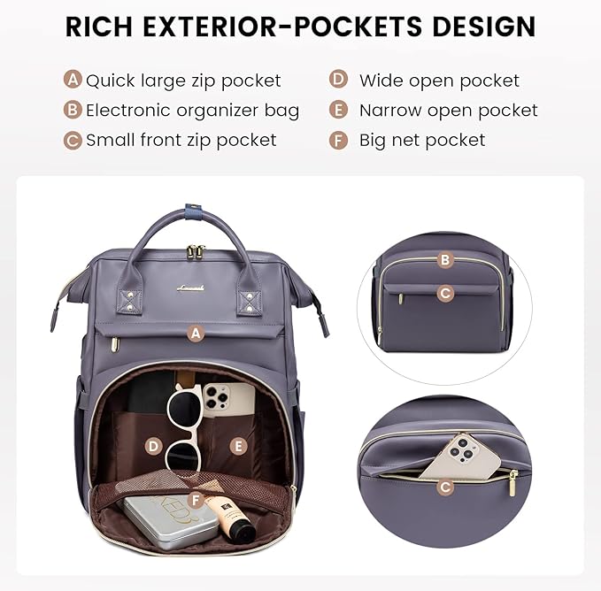 LOVEVOOK Leather Laptop Backpack for Women 15.6 inch,Travel Backpack Purse Nurse Teacher Backpack Computer Laptop Bag,Professional College Business Work Bag Carry On Backpack with USB Port,Grey Purple