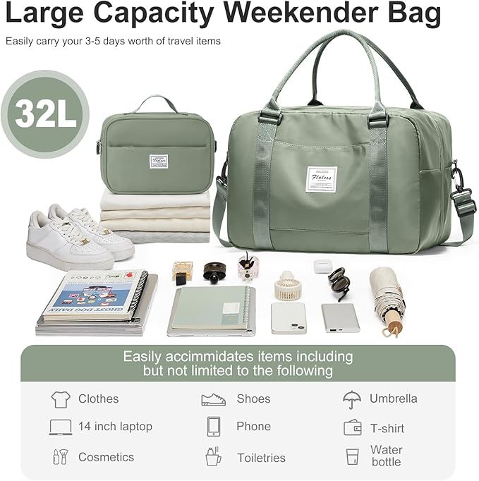 Vacuum Travel Bag for Women with Air Pump, Personal Item Carry on Bags with Seal Compression Pocket for Airlines, Weekender Overnight Bag for Women with Toiletry Bag，Green