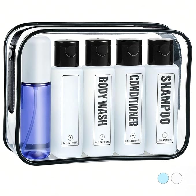 GearTrust Labeled Travel Bottles for Toiletries, 3.4oz TSA Approved Travel Shampoo and Conditioner Bottles with Spray, Leak Proof Clear Plastic Containers with Flip Cap-5 PCS
