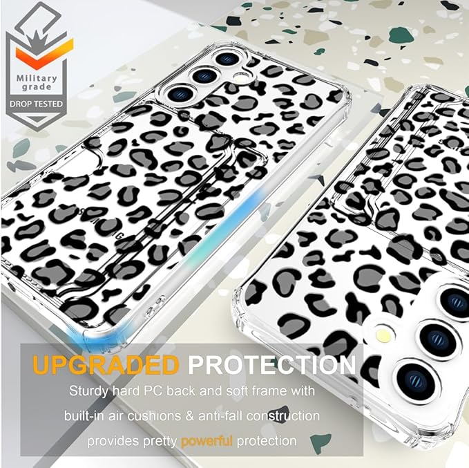 Compatible with Samsung Galaxy S24+ Plus / S25+ Plus Case Card Holder for Women Cute Design,Wallet Phone Cases Transparent Cool Kawaii Protective (Clear Leopard Cheetah Design)
