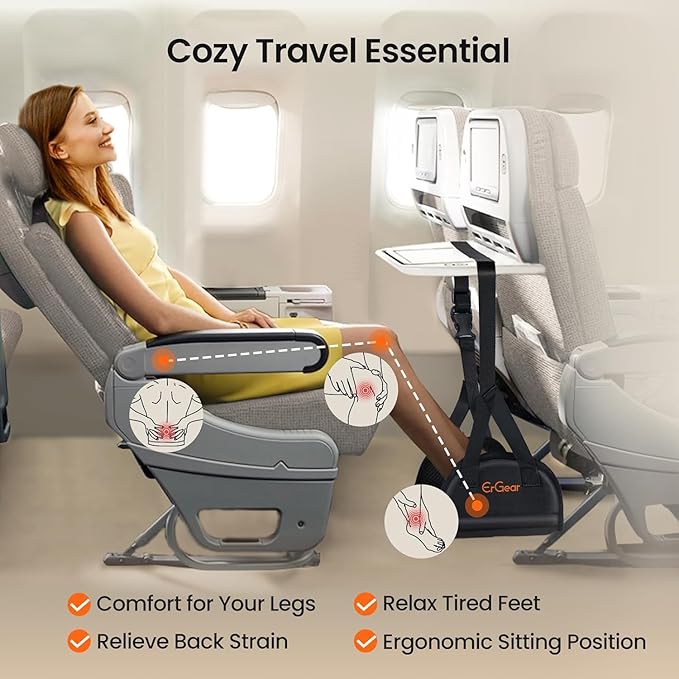 ErGear Airplane Foot Hammock with Wide Hardboard Support, Foot Hammock for Plane Travel with Extended Adjustment Strap, Portable Airplane Foot Rest Travel Essentials for Long Flight (Pack of 2)