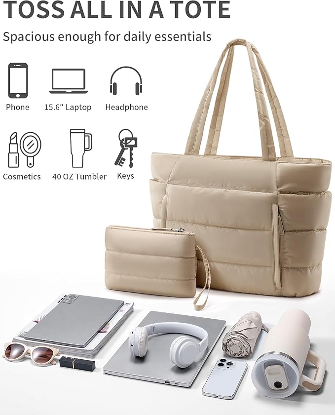 Bagstellar Puffer Tote Bag for Women, Lightweight Puffy Work Handbag Teacher Nurse Quilted Shoulder Bag for School Travel Gym | Cloud Bag w/ Zipper, Daily College Bags, 15.6" Computer Bag, Clinical Nursing Bag, 40 OZ Tumbler Holder, Ideal Gift for Women