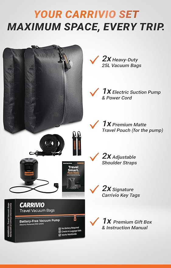Vacuum Seal Bags for Clothing Travel - Lifetime Valve Warranty, Waterproof - Travel Vacuum Bags with Pump, Packing Cubes Compression - Pack Smarter, Save Space with Plug-In Power (Large, 2 Count)