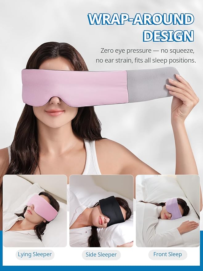 SARISUN Sleep Mask,Eye Masks for Sleep,Dual-Side Blackout Eye Covers for Side Sleeper,No Strap Designed, Adjustable Band, Pressure-Free, Wrapped Around, for Women/Men/Nap/Travel/Yoga - Black