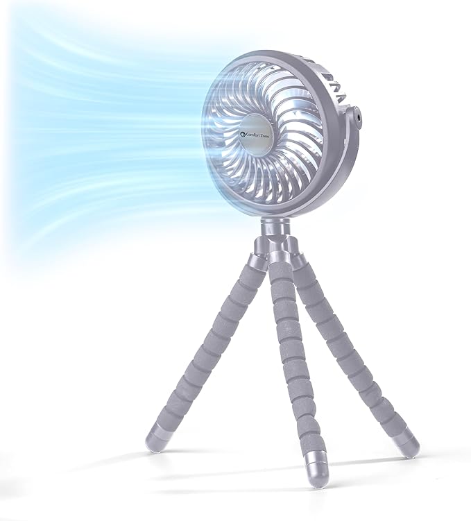Comfort Zone Portable Stroller Fan – Rechargeable Battery Operated Clip-On Fan with 360° Flexible Tripod & LED Light – 3-Speed Cooling for Car Seats, Cribs, Treadmills & Travel – Silver