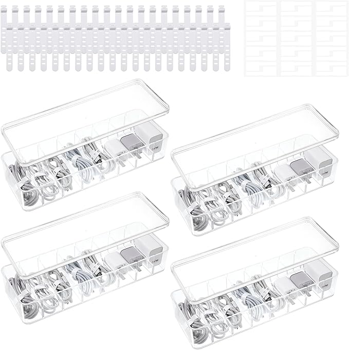 4 Pcs Cord Storage Organizer Clear Plastic Cable Storage Box with 40 Silicone Wire Ties, Cord Organizer Box with Lid for Home Office Desk Organization, Jewelry and Accessories
