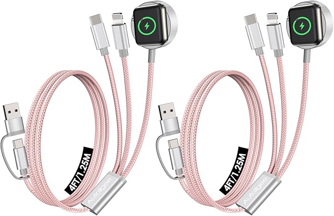 2Pack Travel Essentials for Apple Watch Charger,3 in 2 USB C Cable for Multi Charging Cable Cord,Vacation Camping RV Essentials Portable Designed for iWatch &iPhone 17-11 -4FT Pink