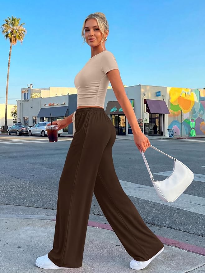 Trendy Queen 2 Piece Matching Summer Lounge Set Womens Side Ruching Top Wide Leg Pants Sets with Pockets