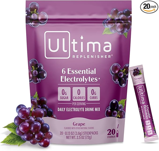 Ultima Replenisher Daily Electrolyte Powder – Grape, 20 Stickpacks – Zero Sugar Hydration Packets with 6 Electrolytes and Minerals – Sugar Free, Plant Based & Keto Friendly Drink Mix