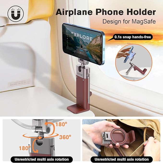 for MagSafe Airplane Phone Holder Mount Travel Essentials for Plane,N55*40 Pro Magnetic Phone Stand for Desk Tray Table,360° Swivel Travel Gifts for Women Men Airplane Gadgets Cruise Must Haves Red