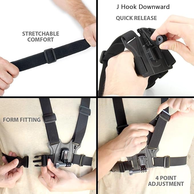 Chest Harness Mount Compatible with Gopro Hero 13 12 11 10 9 8/AKASO EK7000 Brave 4/ODDV/Hiicam/Icefox/Surfola/Camlance/WOLFANG Action Camera Accessories, Adjustable Chest Strap Mount with J Hook
