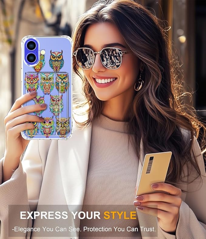 Compatible with iPhone 17 Case Card Holder for Women Cute Design,Wallet Phone Cases Transparent Cool Kawaii Protective (Clear Colorful Owls Cartoon)