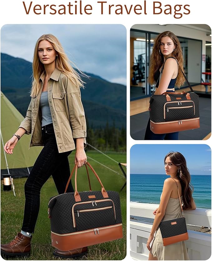 Weekender Bags for Women, Travel Duffle Bag Carry On Overnight Bag with Cosmetics Bag and Crossbody Purse for Gym Hospital, Gifts for Women, Black Brown