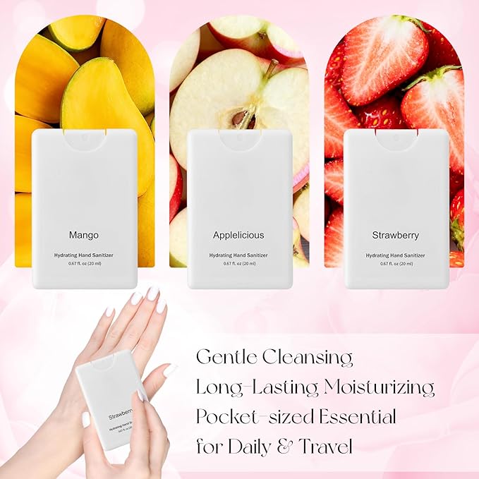 Set of 3 Power Mist Hydrating Hand Sanitizer Spray Bulk Travel Size Quick-drying Hand Sanitizer 0.67 Fl. oz Compact Card Spray Bottle Mango Apple Strawberry Scent for Handbag Desk Drawer Pocket