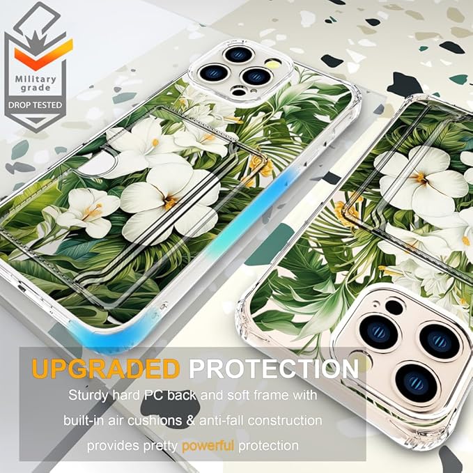Compatible with iPhone 16 Pro Case Card Holder for Women Cute Design,Wallet Phone Cases Transparent Cool Kawaii Protective (Clear Green Flowers Tropical Jungle)