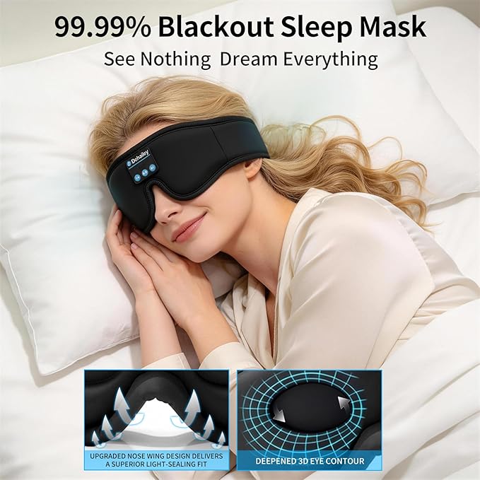 Sleep Mask with Bluetooth Headphones, 100% Light Blocking Sleep Headphones for Side Sleepers Men Women, Eye Mask with Thin Stereo Speakers, Soft Eye Cover for Travel Gift (Plus Size)
