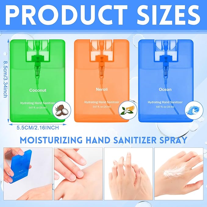 Set of 3 Power Mist Hydrating Hand Sanitizer Spray Bulk Travel Size Quick-drying Hand Sanitizer 0.67 Fl. oz Compact Card Spray Bottle Neroli Ocean Coconut Scent for Adults Summer Party Supplies
