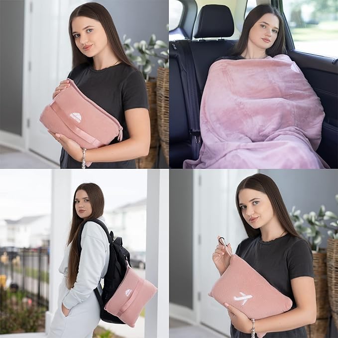 BlueHills Premium Soft Mini Plush Travel Blanket Value Pack Set of 2 - Airplane Travel Essential Flight Blanket Throw in a case with Strap Compact for Car Plane Travel Gift – Navy Blue and Pink.