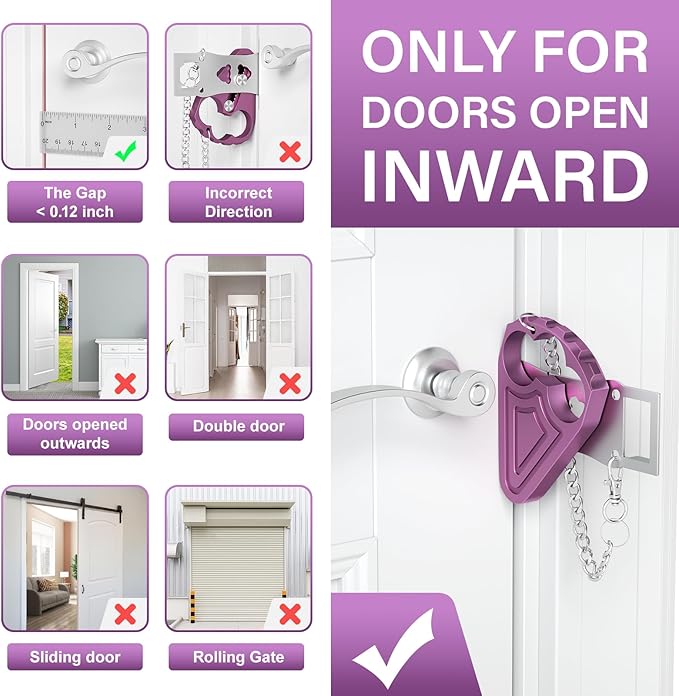 Portable Door Lock for Travelers, Sturdy Metal Hotel Door Lock Security for Motel Home Office Apartment Bedroom, Privacy & Safety Essential