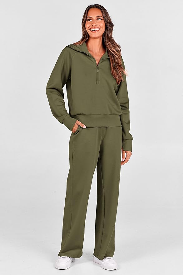 PRETTYGARDEN Women's 2 Piece Outfits Casual Lapel Half Zip Sweatshirts and Wide Leg Pants Tracksuit Sets