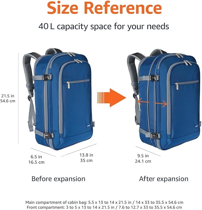 Amazon Basics Travel Backpack, Carry-On with Laptop Compartment, 40L Expandable Storage, Dual Use Backpack & Shoulder Bag with Multiple Compartments and Pockets, 15.8"W x 21.5"H x 8.3"D, Navy