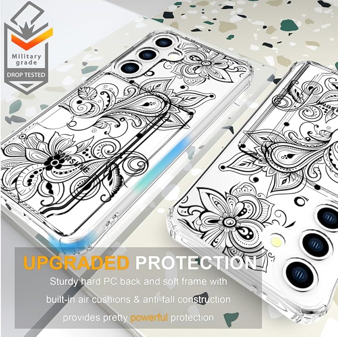 Compatible with Samsung Galaxy S24+ Plus / S25+ Plus Case Card Holder for Women Cute Design,Wallet Phone Cases Transparent Cool Kawaii Protective (Clear Black Henna Flower)