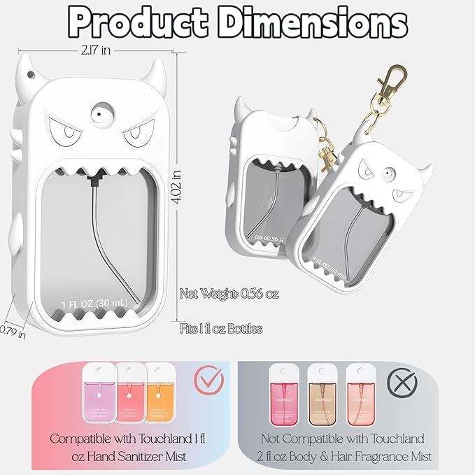 Hand Sanitizer Case Compatible with Touchland 1 Fl Oz, Cute Monster Silicone Spray Holder with Keychain for Bags, White