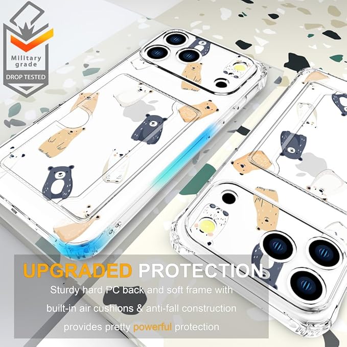Compatible with iPhone 17 Pro Case Card Holder for Women Cute Design,Wallet Phone Cases Transparent Cool Kawaii Protective (Clear Lovely Bears Funny)