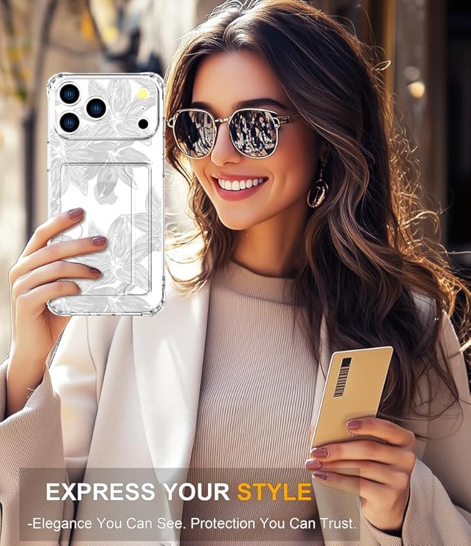 Compatible with iPhone 17 Pro Max Case Card Holder for Women Cute Design,Wallet Phone Cases Transparent Cool Kawaii Protective (Clear Flower White)