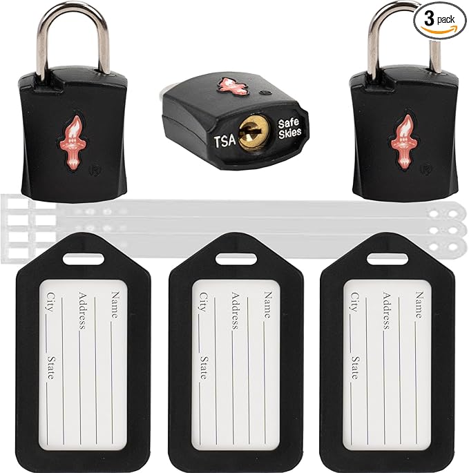 TSA Approved Luggage Locks 3 Pack with Luggage Tags | 6 Keys, Black Travel Lock Bundle - Solid Brass Core & Rubber Armor Padlocks for Suitcases, Backpacks (TSA Certified)