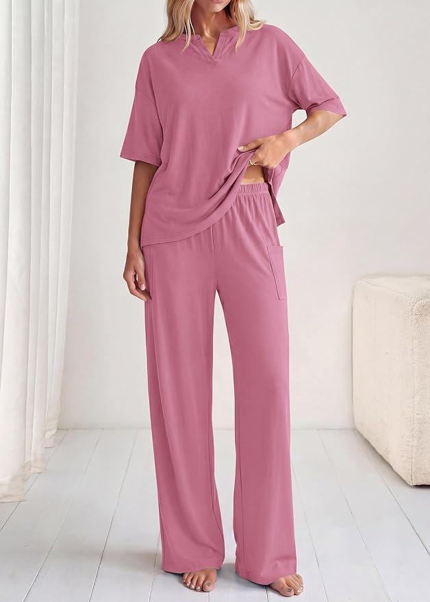 KIRUNDO Womens 2 Piece Matching Lounge Set Airport Travel Vacation Summer Outfits Oversized Short Sleeve Tops Wide Leg Pants