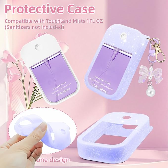 Silicone Case Compatible with Touchland Hand Sanitizer Spray Mist 1 oz with Bow Keychain