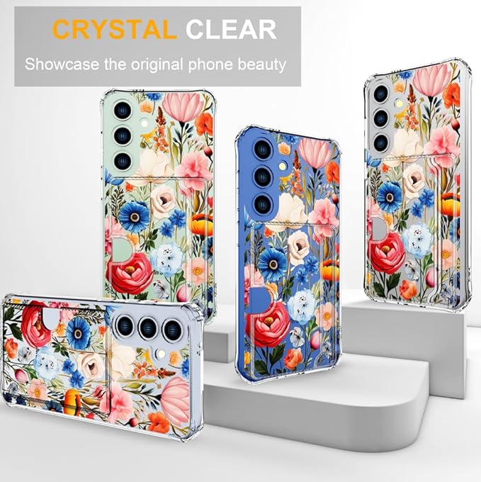 Compatible with Samsung Galaxy S24 / S25 Case Card Holder for Women Cute Design,Wallet Phone Cases Transparent Cool Kawaii Protective (Clear Flower Art Rose Peony)