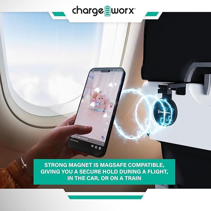 CHARGEWORX Magnetic Phone Holder for Airplane, Foldable Travel Mount with Clamp and 360 Rotation, MagSafe Compatible iPhone 17 Pro Max and Android, Portable Hands Free Desk and Car Mount