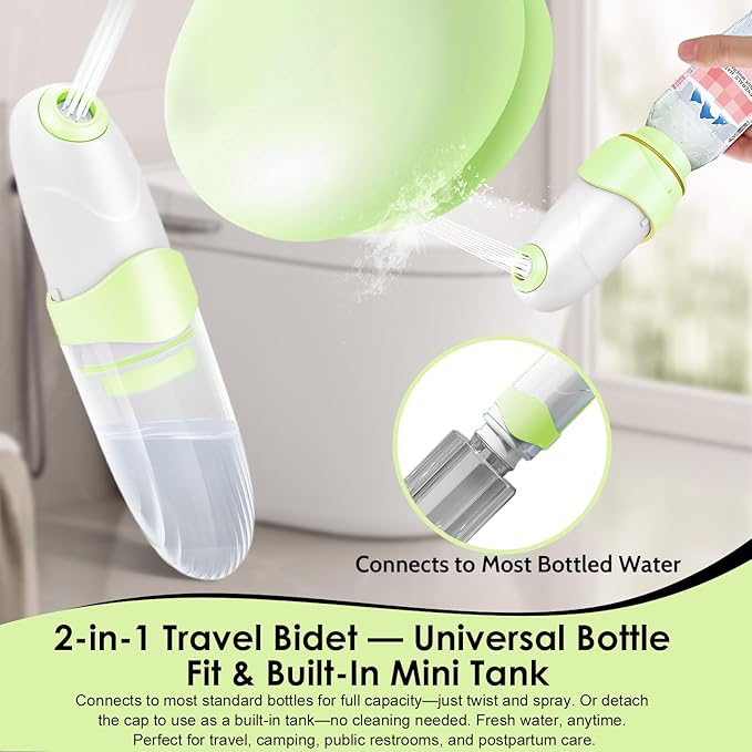 Portable Bidet for Travel Mini Handheld Bottle-Ready Jet Sprayer, Type-C Rechargeable with Gentle & High-Pressure Modes, On-The-Go Camping Toilet Hygiene for Women, Men & Babies（Green）