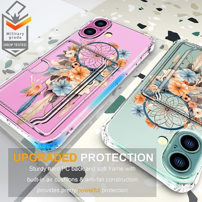 Compatible with iPhone 17 Case Card Holder for Women Cute Design,Wallet Phone Cases Transparent Cool Kawaii Protective (Clear Dreamcatcher Dream Cather)