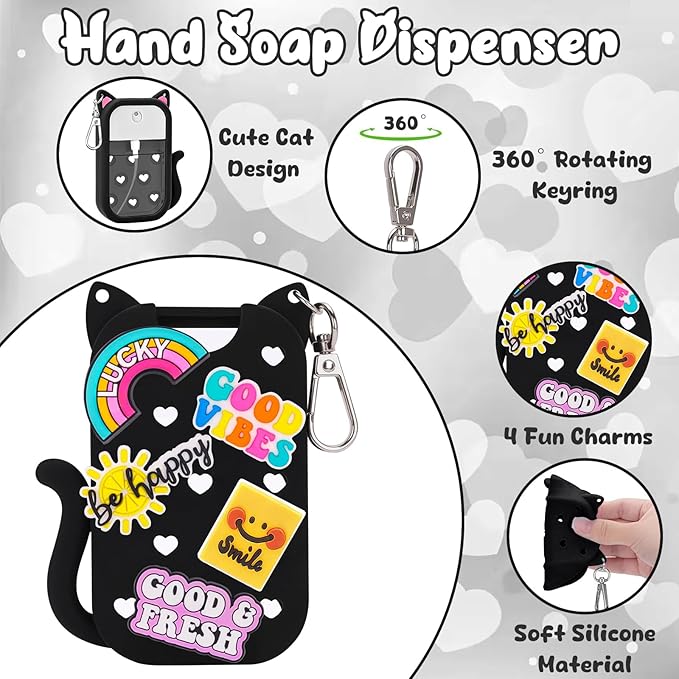 Cat Silicone Case for Touchland Hand Sanitizer Spray with Keychain&Charms,Compatible with Power Mist & Glow Mist 1 FL Oz/30ML for Touchland Case,Cute Travel Cover Sleeve Accessory (Black Cat)