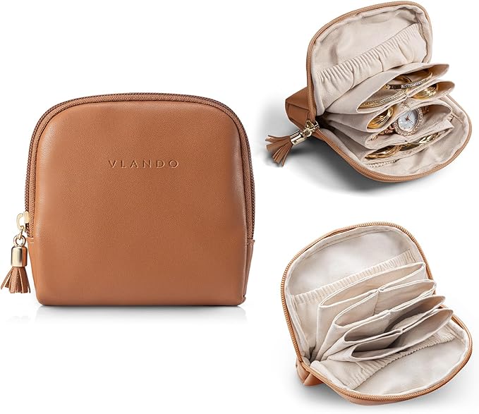 VLANDO Mini Jewelry Travel Case,Jewelry Pouch Bags with Zipper, Velvet Jewelry Organizer Storage Bag for Bracelet Rings Earring Travel Essentials Gifts for Women Girl - Dark brown
