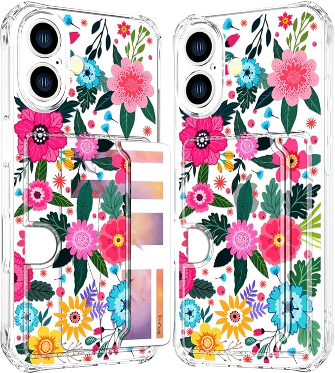 Compatible with iPhone 16 Case Card Holder for Women Cute Design,Wallet Phone Cases Transparent Cool Kawaii Protective (Clear Floral Spring Blossom)
