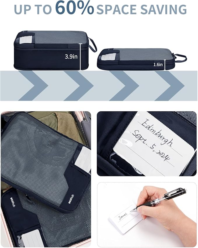 ECOHUB 4 Set Compression Packing Cubes for Travel Essentials, Suitcases Organizer Bags with Tag, Travel Bags Organizer for Luggage, Navy Blue-Compress