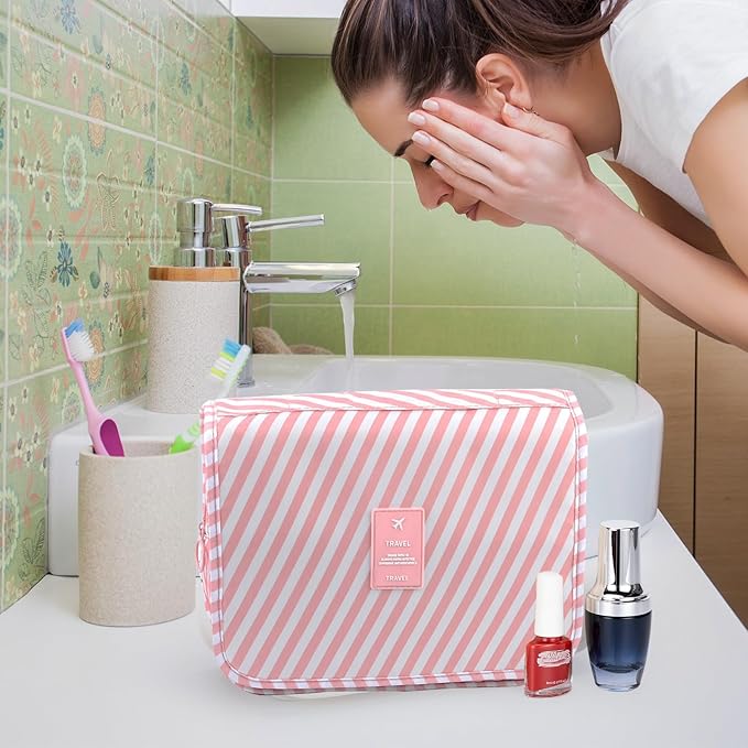 Travel Toiletry Bag for Women, Hanging Toiletry Bag with Multi-Pockets, Toiletry Bag for Traveling Easy Clean, Travel Organizer Bag Pink-strip