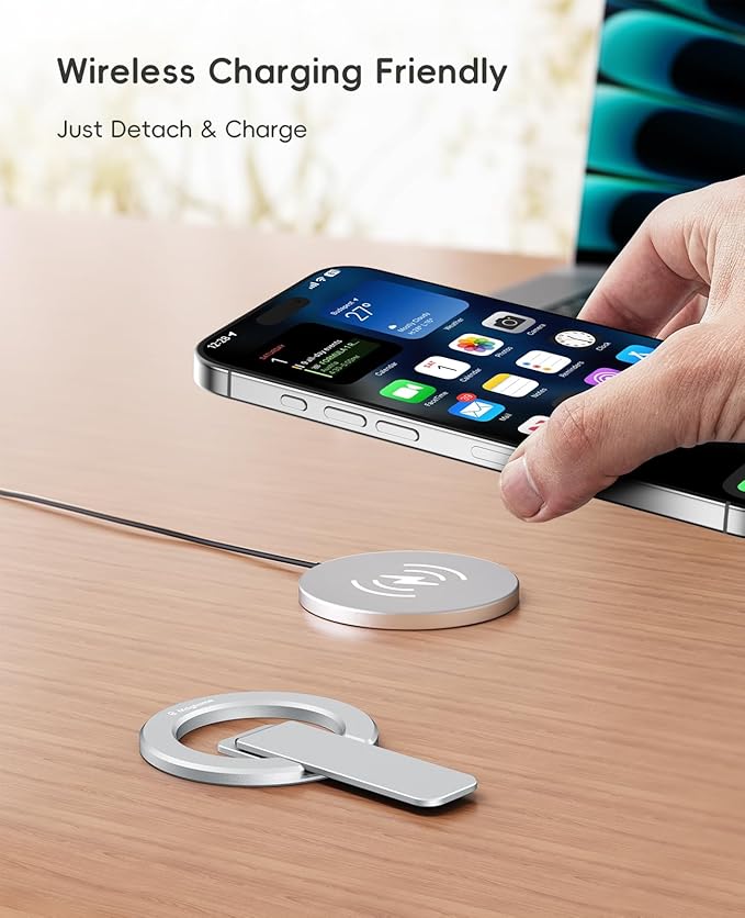 Magtame Double-Sided Magnetic Phone Stand Grip, Strong Magnetic Kickstand Desk Holder for Mag&Safe and Smartphone, Foldable Adjustable Design, Silver