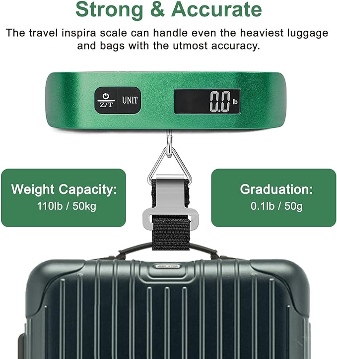 travel inspira Luggage Scale, Portable Digital Hanging Baggage Scale for Travel, Suitcase Weight Scale with Rubber Paint, 110 Pounds, Battery Included - Green