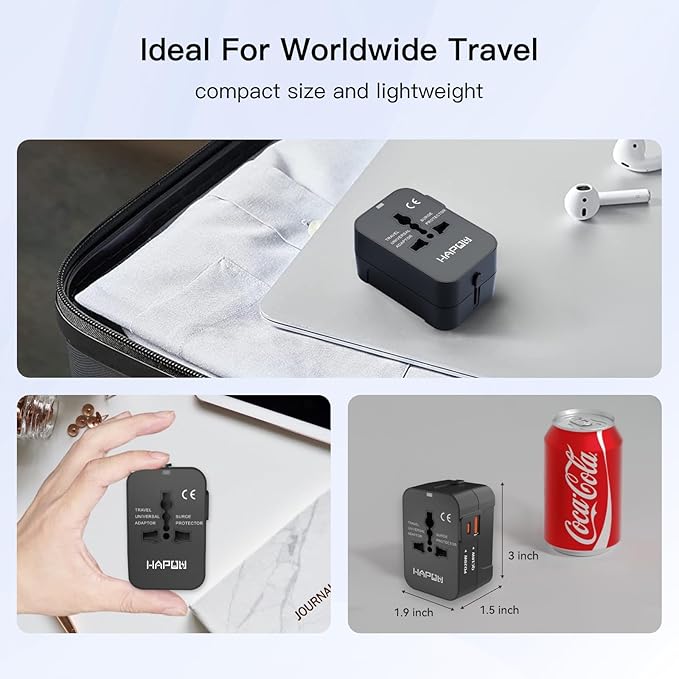 HAPOW Universal Travel Adapter - 1 USB-C & 1 USB-A Fast Charging Travel Charger, Worldwide Plug Adapter for EU UK USA AU, Black