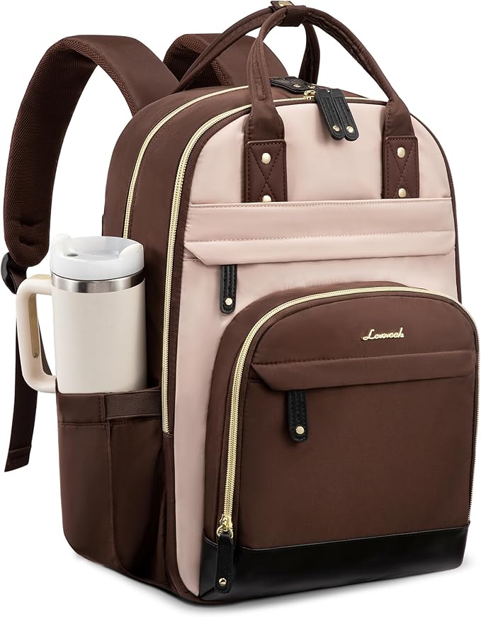 LOVEVOOK Laptop Backpack for Women with Giant Tumbler Holder,17 inch School College Book Bag Nurse Teacher Backpack,Waterproof Work Travel Backpack Purse Laptop Computer Bag,Coffee-Milk tea-Coffee