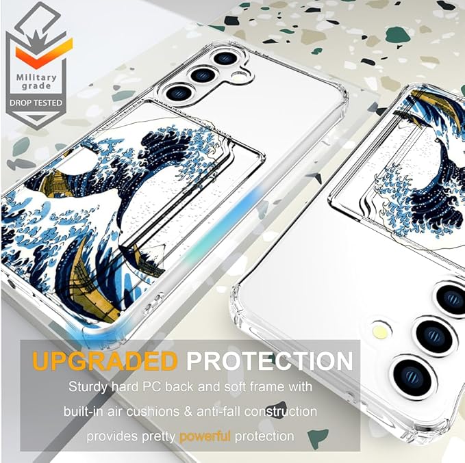 Compatible with Samsung Galaxy S24 / S25 Case Card Holder for Women Cute Design,Wallet Phone Cases Transparent Cool Kawaii Protective (Clear Blue Wave)