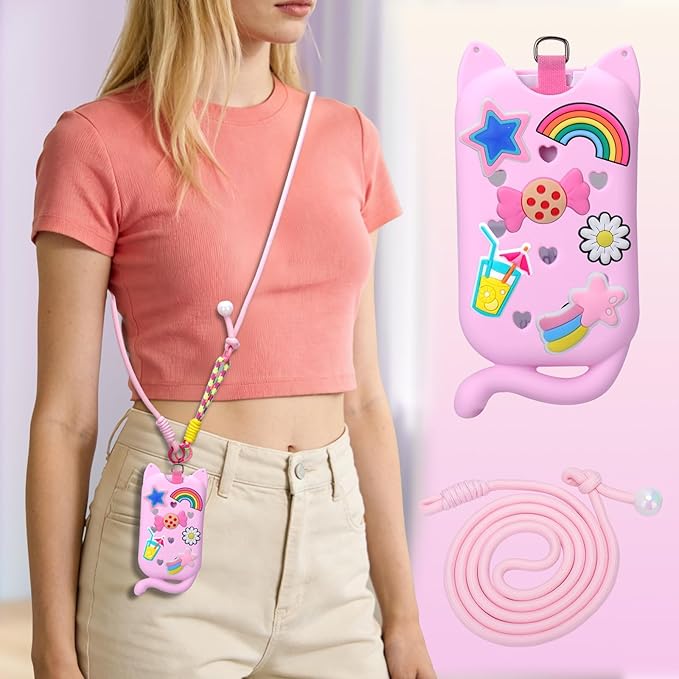 Juome Hand Sanitizer Spray Case for Touchland with Adjustable Keychain Lanyard & Charms, Cat Silicone Protective Holder for Touch Land Mist Case 1FL. OZ, Travel Cover Sleeve Accessory - Pink