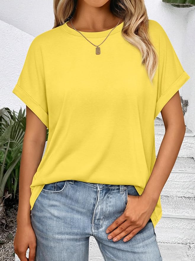 AUTOMET Women's Oversized Short Sleeve T Shirts Casual Drop Shoulder Rolled Cuff Summer Tops for Work, Travel and Lounge