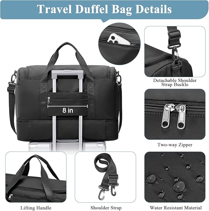 Travel Duffel Bag for Women, Carry-on Overnight Weekender Bags with Wet Pocket, For Spirit Airlines 18x14x8 Personal Item Bag,Small,Black